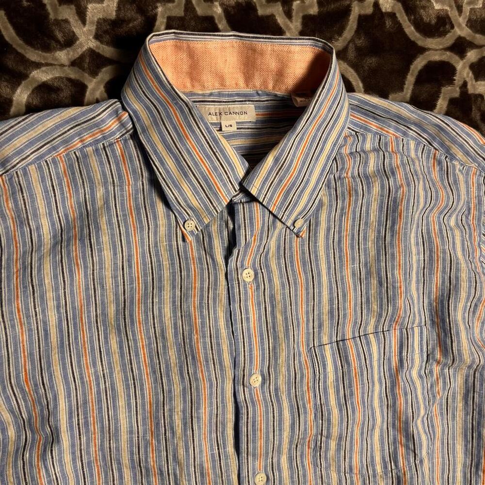 Alex Cannon Linen Button Up Shirt Men's Large Blue Peach Stripes Coastal Relaxed